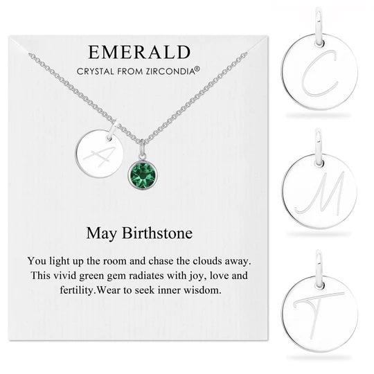 May (Emerald) Birthstone Necklace with Initial Charm (A to Z)