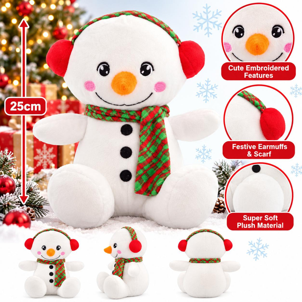 Christmas snowman plush toy with scraf & earmuffs