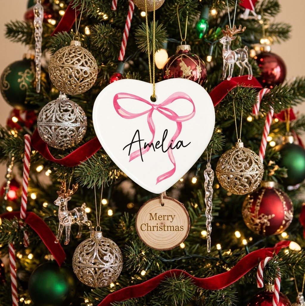 Personalised pink bow ceramic heart decoration