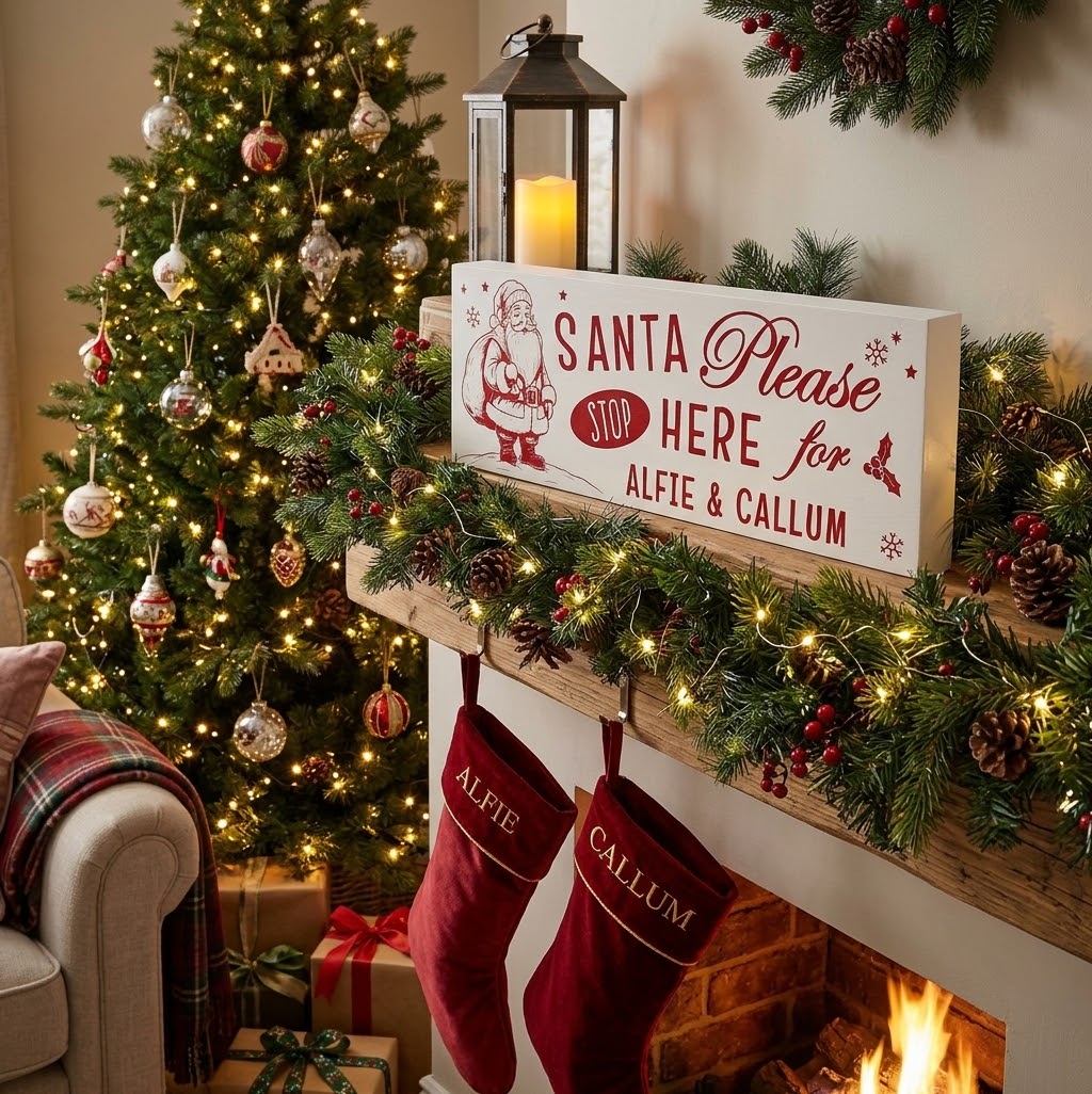 Personalised Santa Stop Here Wooden Mantle Block