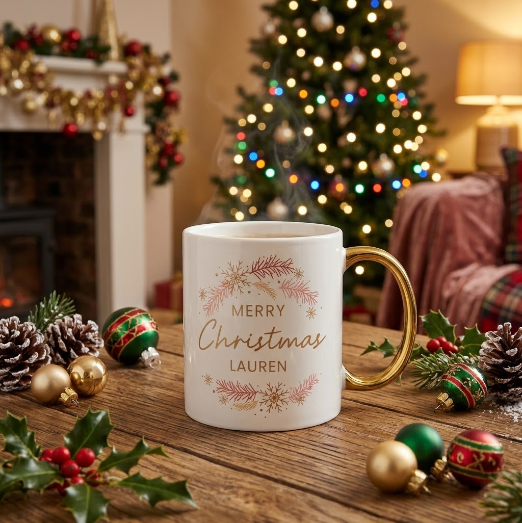 Personalised pink & gold wreath gold handled mug