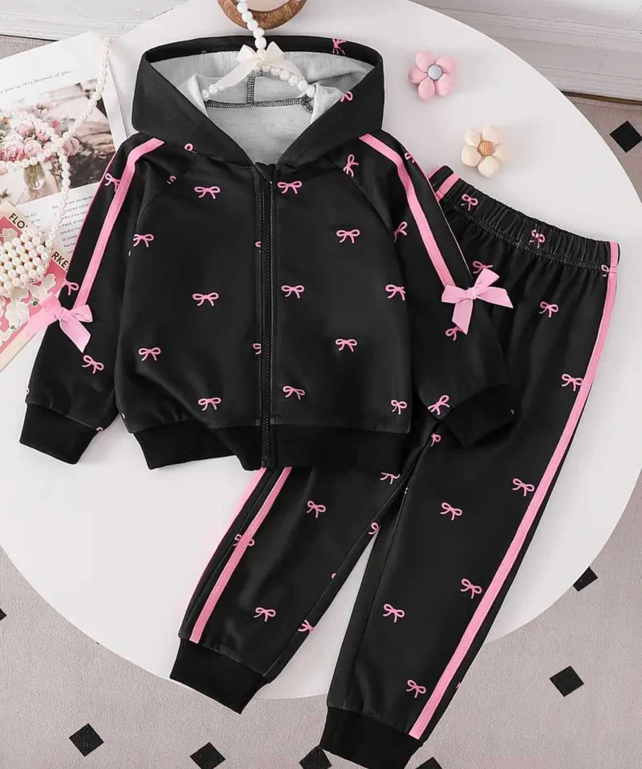 Girls Two-Piece Set Hooded Bow Print