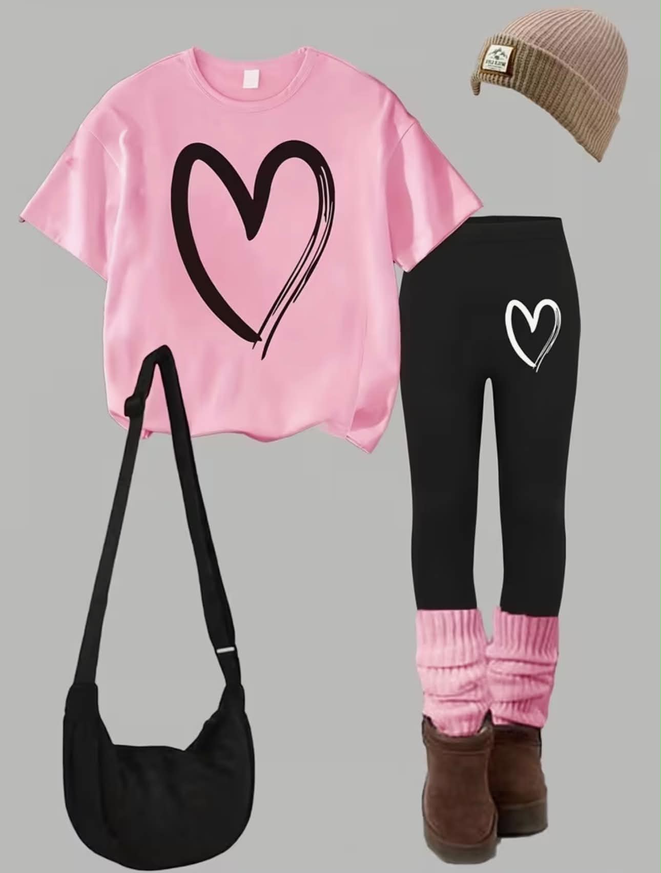 Girls' Heart Pattern Short Sleeve Top And Elastic Long Leggings