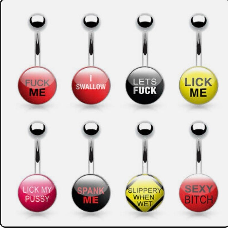8 Pack Rude Word Inlaid and Clear Epoxy Coated Surgical Steel Belly Bars Rings