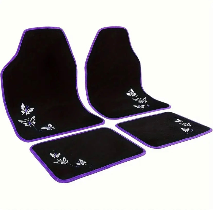 4PCS Car Foot Mat Set Universal All Climate Floor Mats Car Carpet Waterproof Anti-slip Heel Protector Butterfly Embroidery
