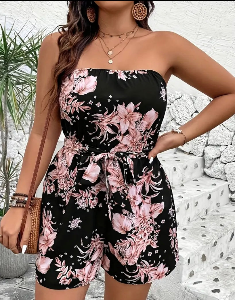 Plus size woman floral print strapless jumpsuit