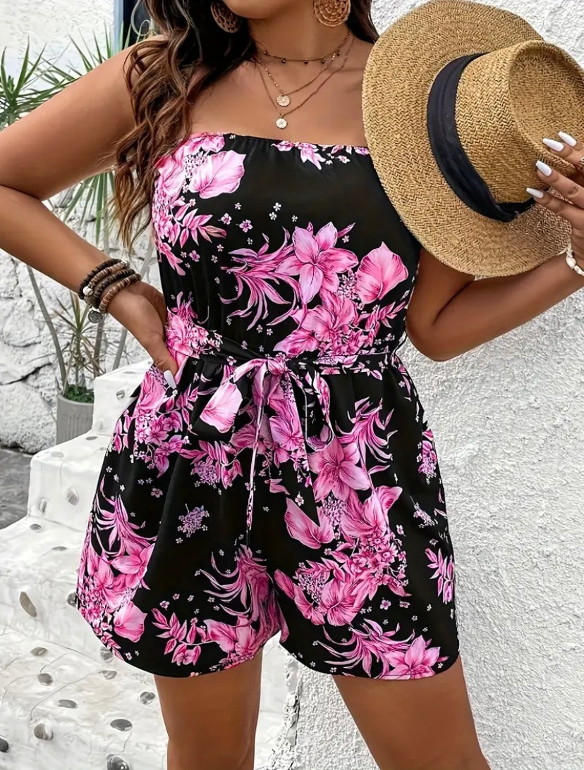 Plus size woman floral print strapless jumpsuit