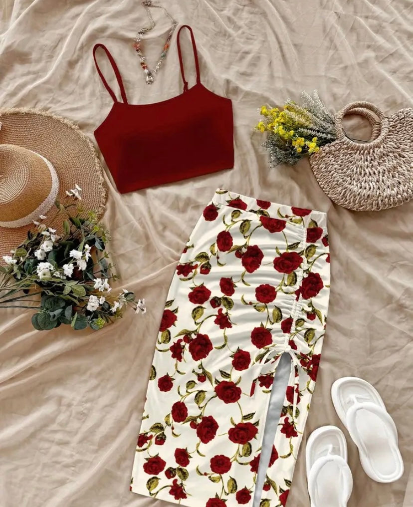 Women's 2pcs set, summer solid color tank top and floral printed side slit midi skirt set
