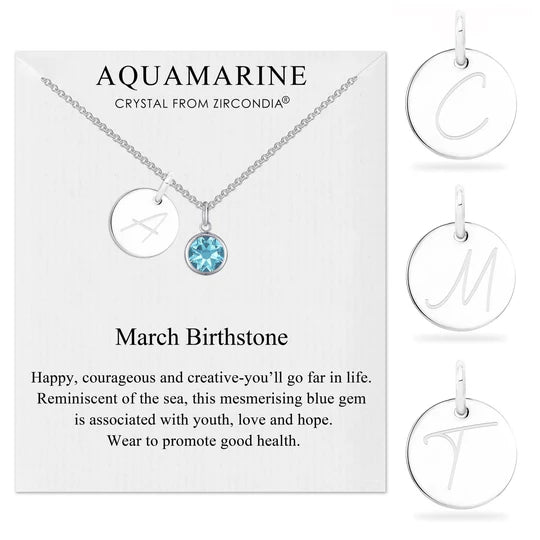 March (Aquamarine) Birthstone Necklace with Initial Charm (A to Z)