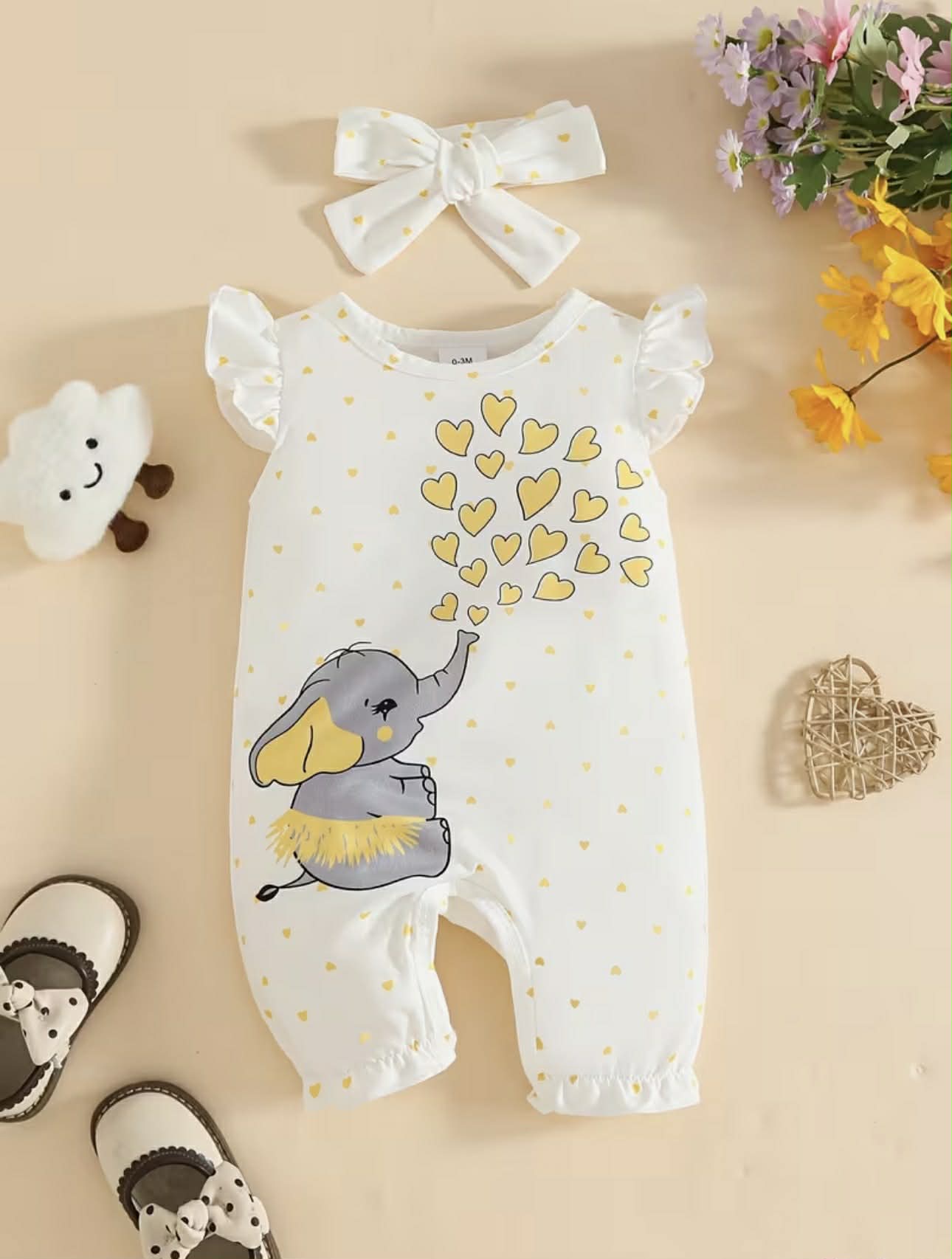 Fly-sleeve Cute Elephant Heart Print Bodysuit with Headscarf