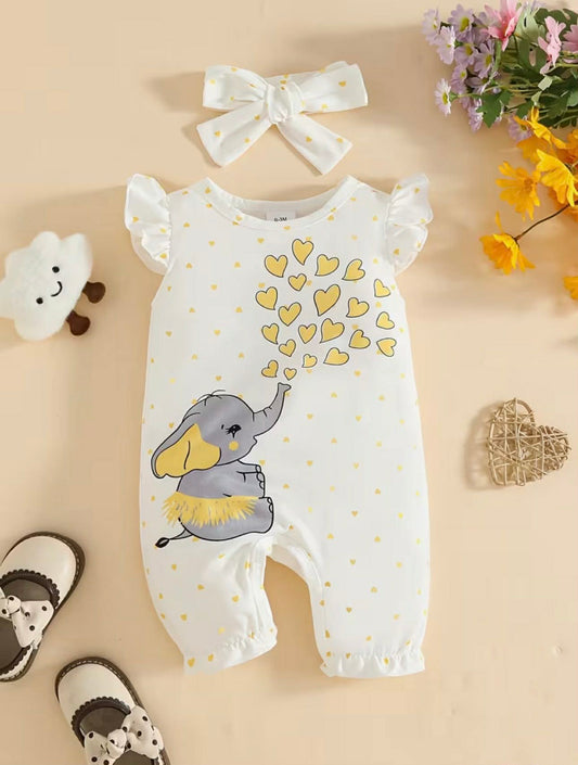 Fly-sleeve Cute Elephant Heart Print Bodysuit with Headscarf