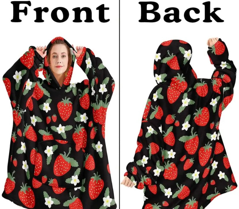 Strawberry & Leaf Print Wearable Hooded Blanket for Women