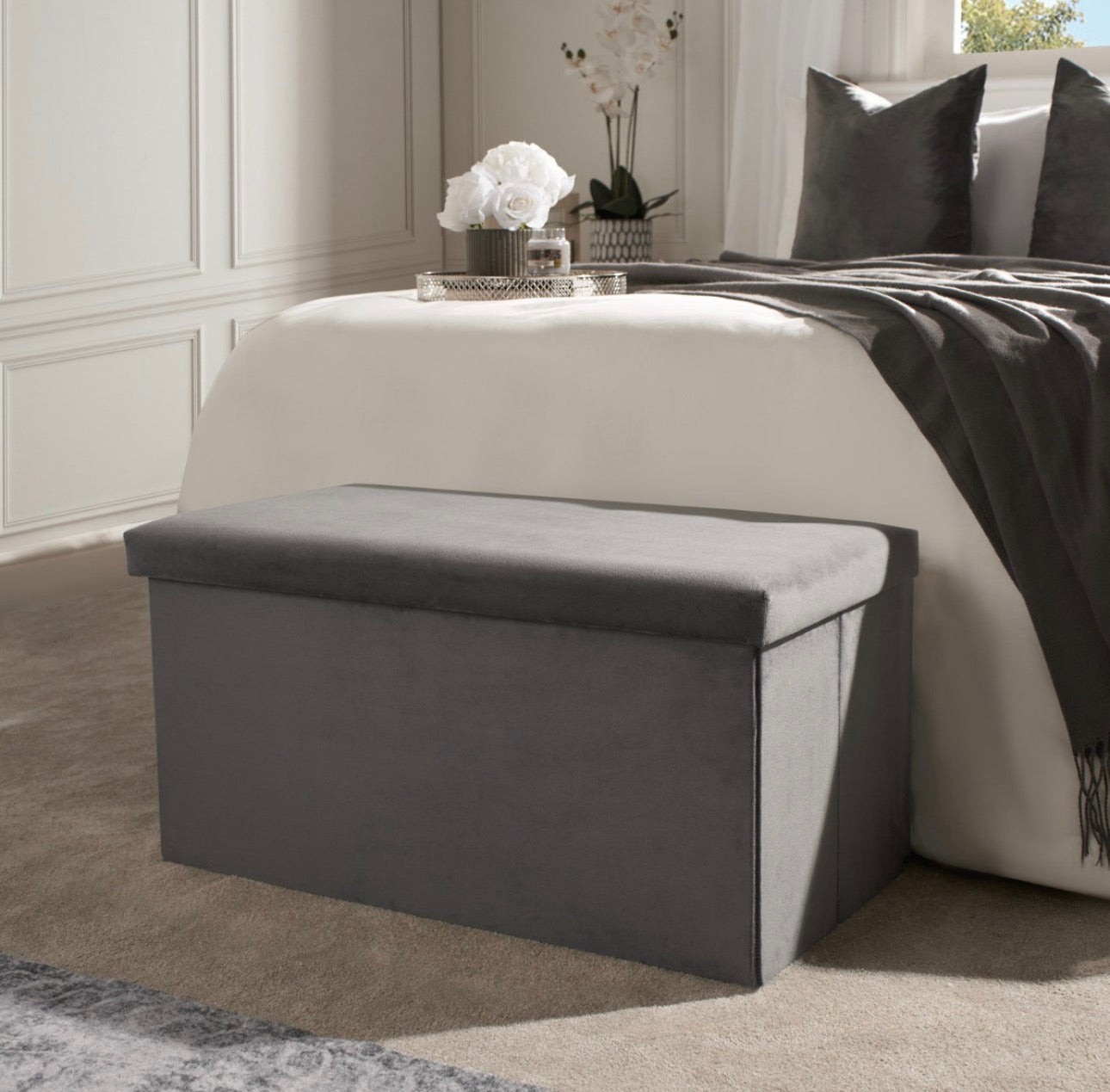 Matte Velvet Foldable Rectangle Storage Ottoman - Charcoal