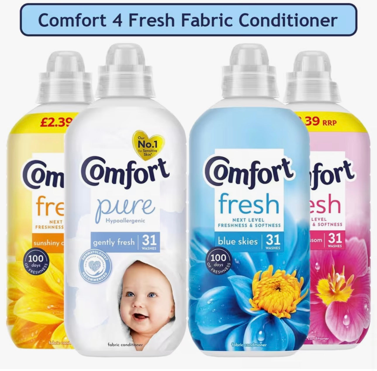 Comfort 4 Fresh Fabric Conditioner Bundle Gift Set 4 x 930ml 31 Washes Each