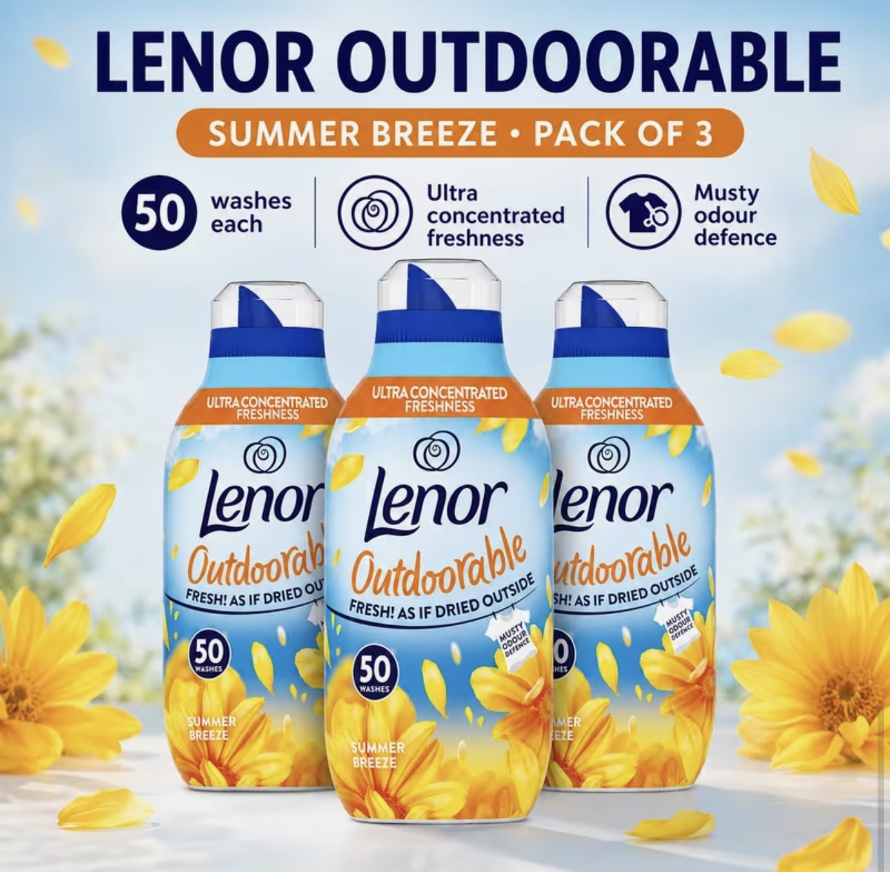 Lenor Outdoorable SUMMER BREEZE Fabric Conditioner Liquid 50 Washes x 3