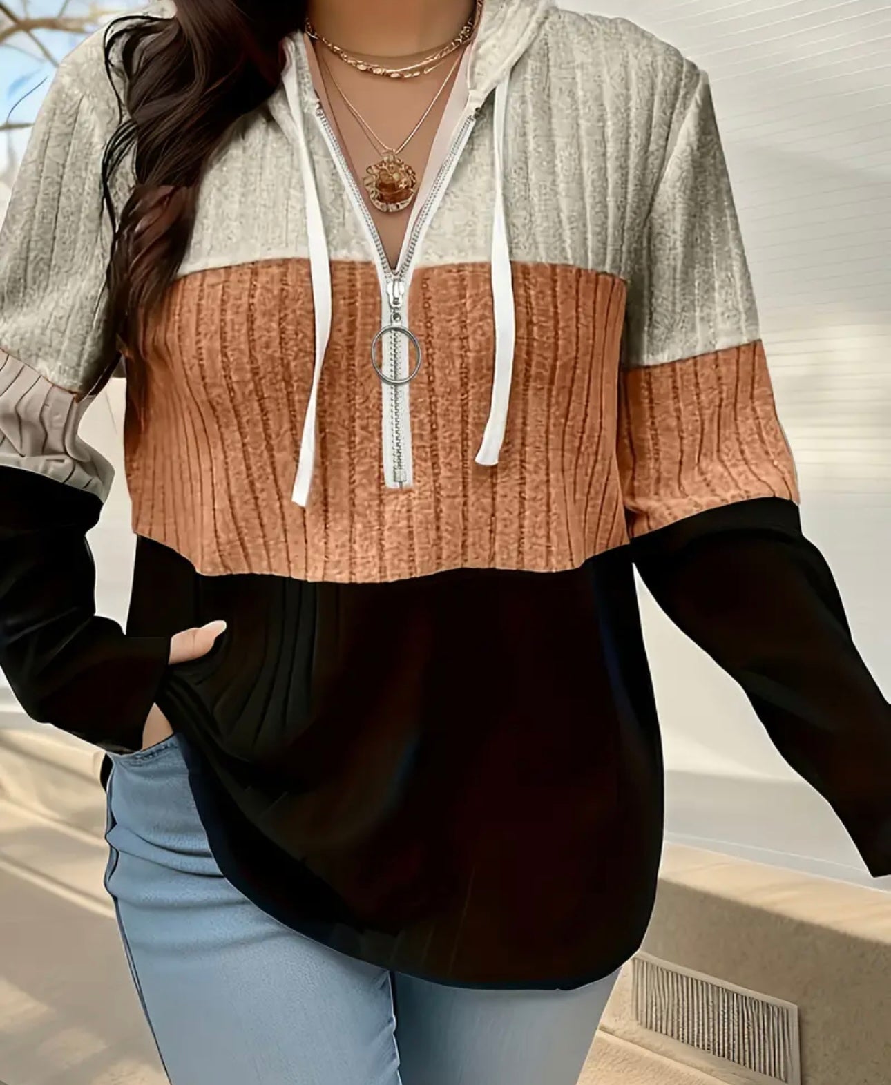 Women'S Plus Size Colorblock Half Zip Long Sleeve Top