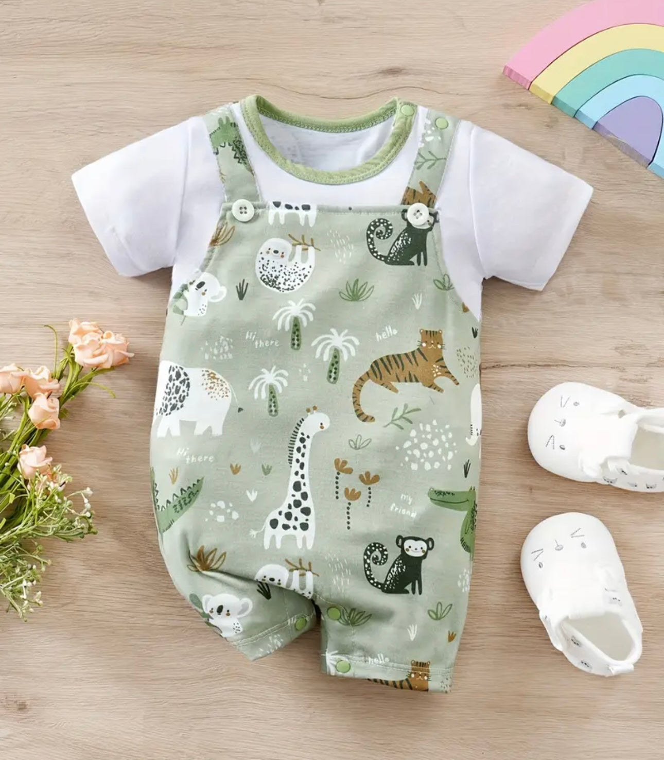 Baby Cartoon Zoo Animal Print Faux Two-piece Bodysuit