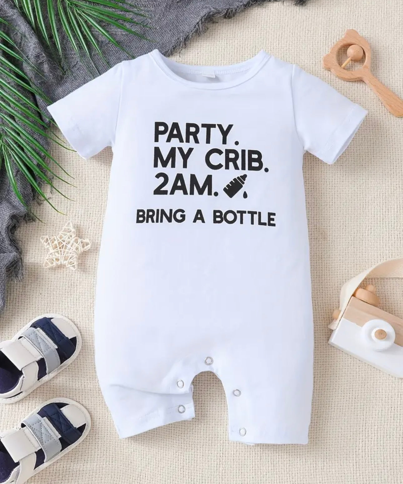 "Party My Crib 2AM Bring A Bottle" Short Sleeve Romper