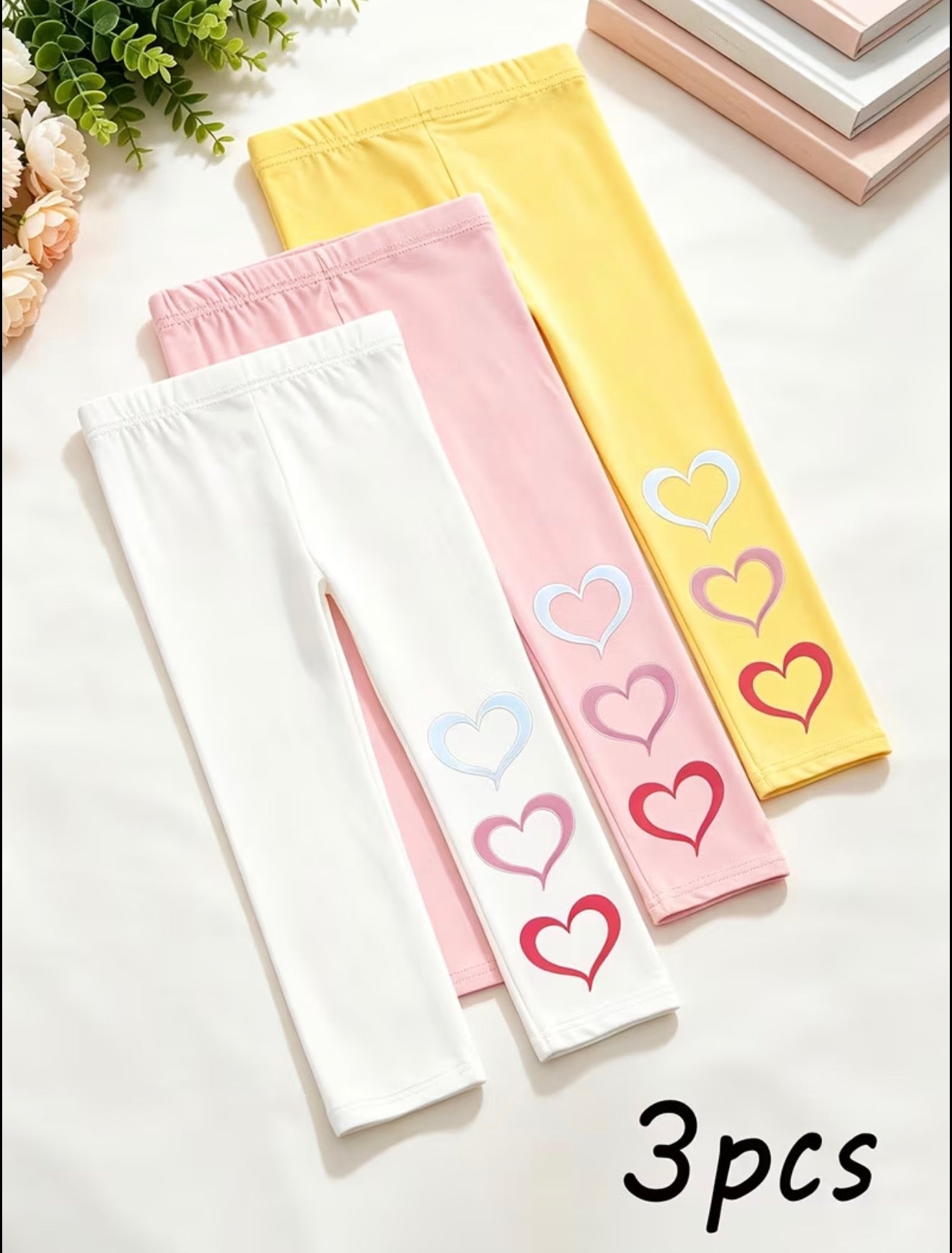 3pcs Set Girls Solid Color Heart Pattern Casual Leggings