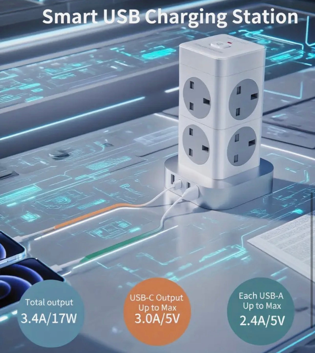 Hulker 3D Tower Power Strip with 8 Outlets & 4 USB Ports