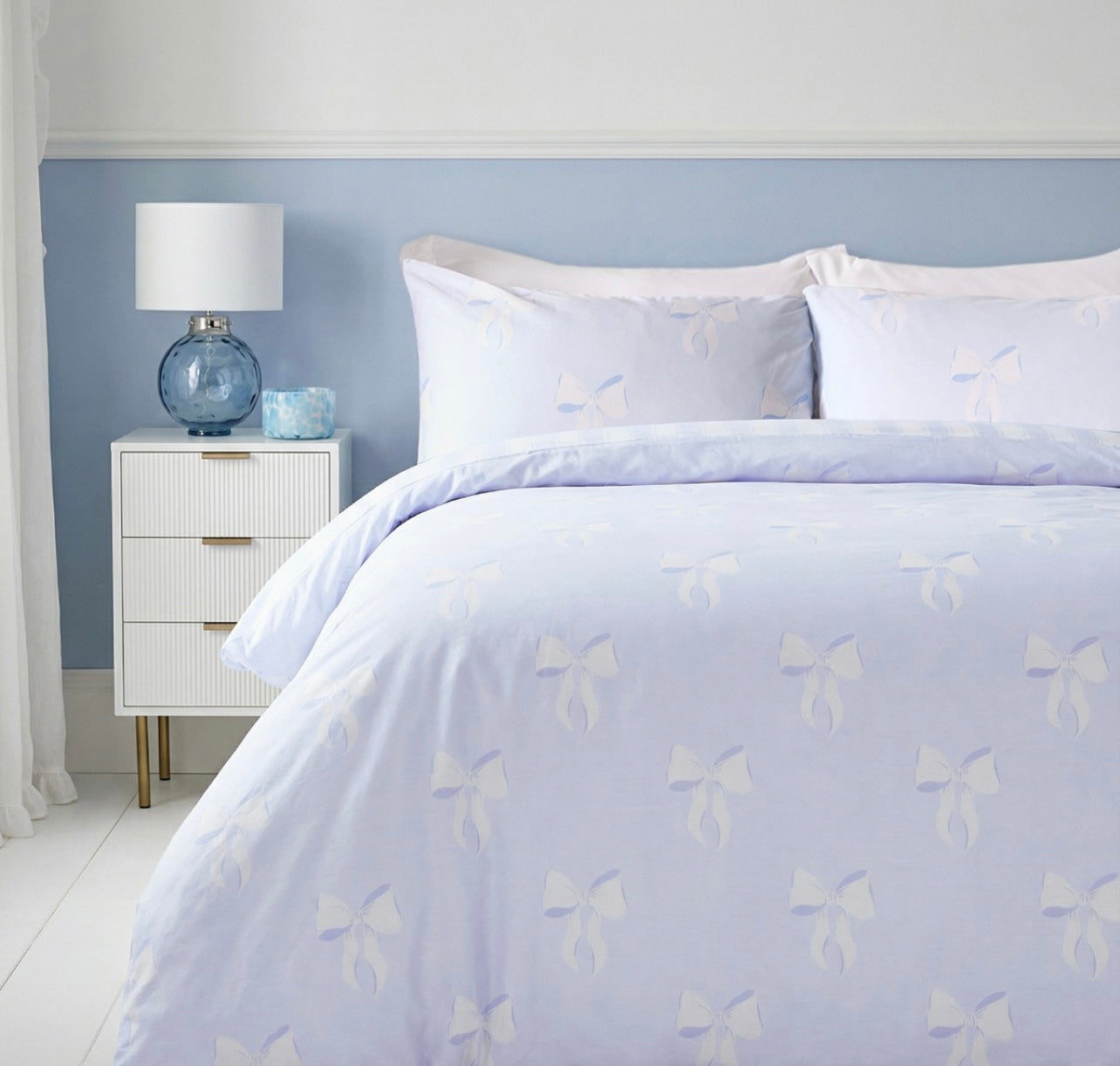 Bows & Stripe Reversible Duvet Cover Set - Blue/White