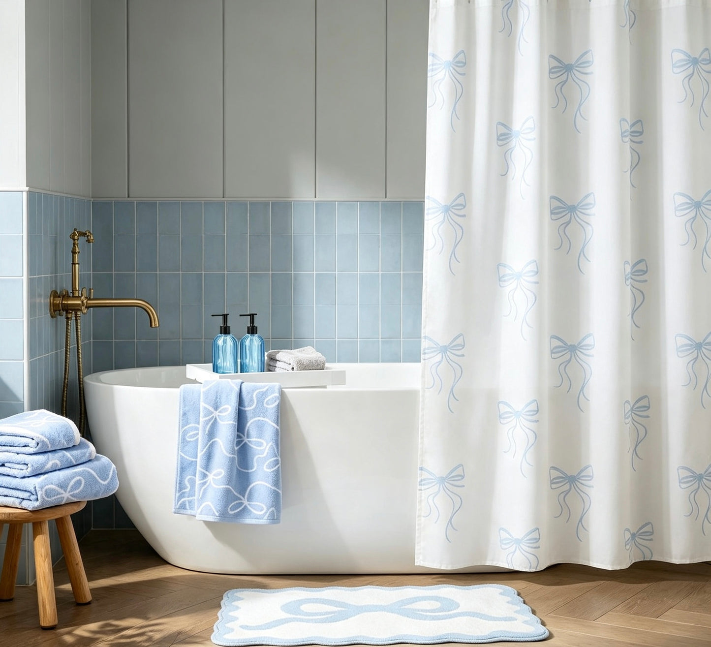 Bow Print Shower Curtains & Bath Matt Set
