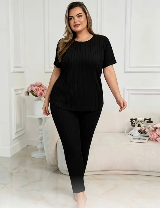 Plus Size French Ribbed Solid Home Wear Set
