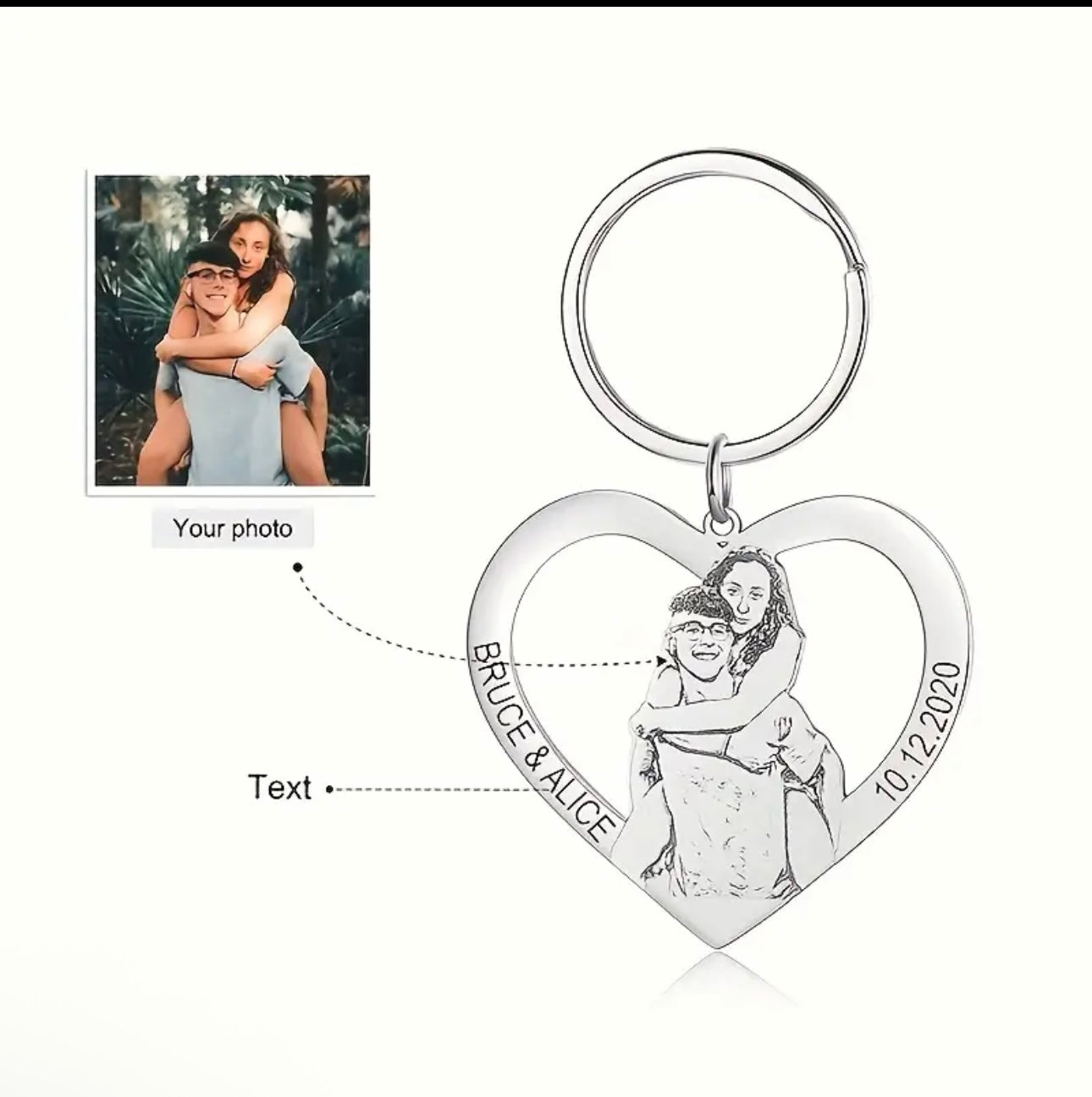 1pc Personalized Stainless Steel Heart-Shaped Keychain with Custom Photo & Engraved Text