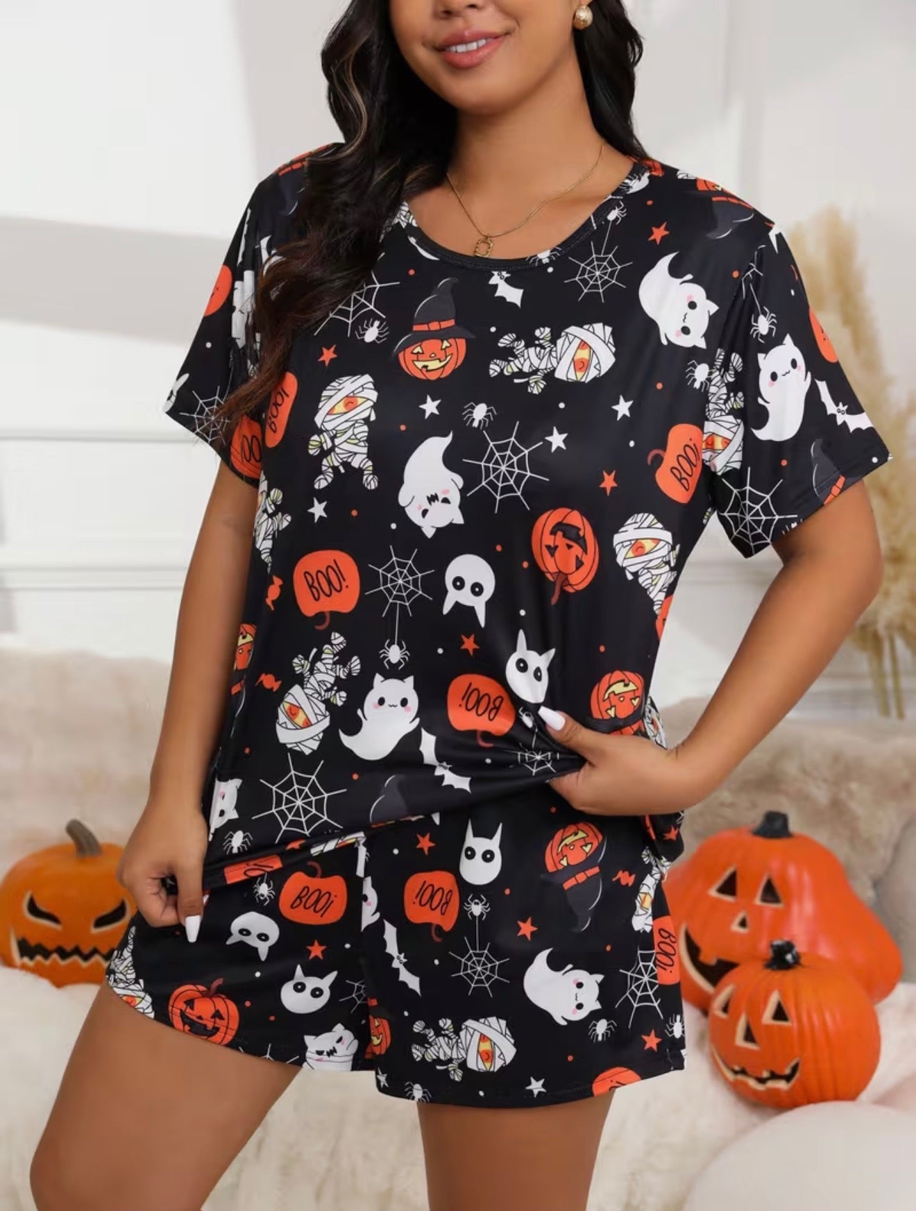 Plus Size Halloween Pumpkin Skull Print Short Sleeve And Shorts Pyjama