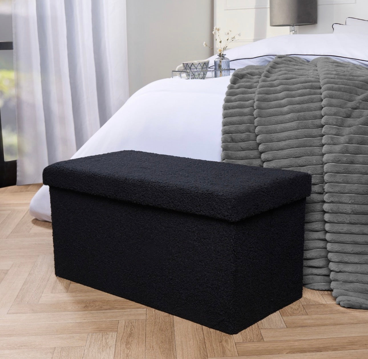 Bouclé Foldable Rectangle Storage Ottoman - Black