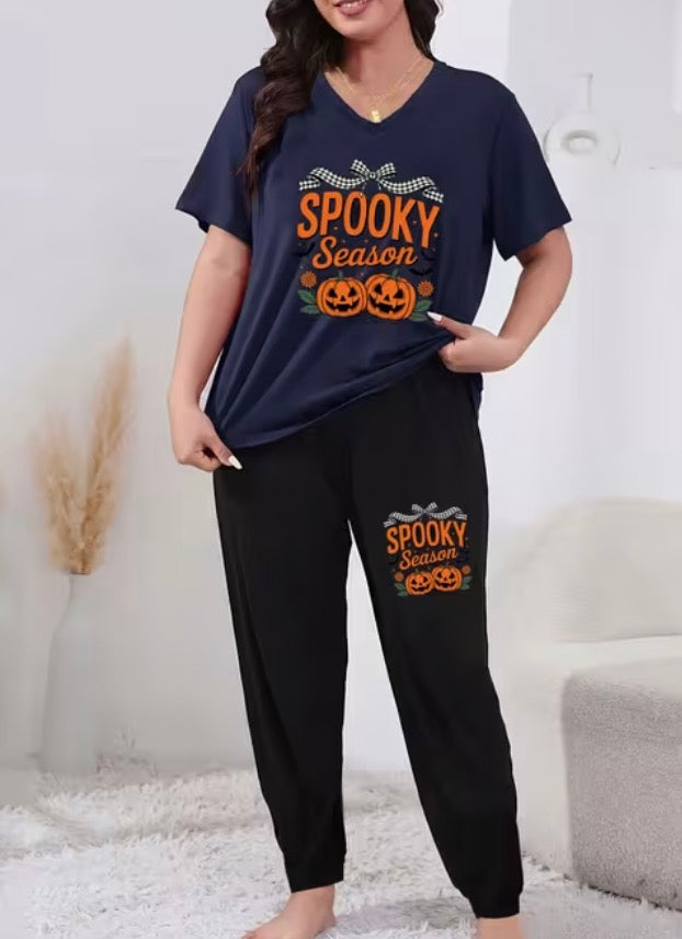 Halloween Pumpkin Plus Size Women's Elegant Loungewear 2pcs Set