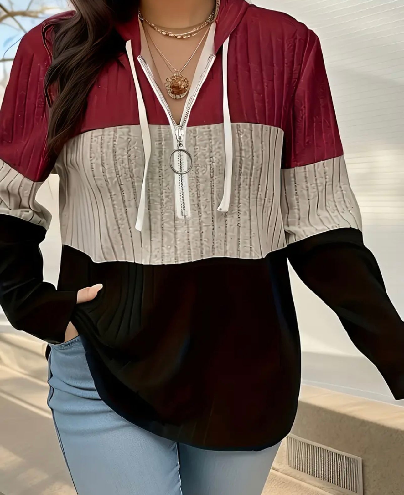 Women'S Plus Size Colorblock Half Zip Long Sleeve Top