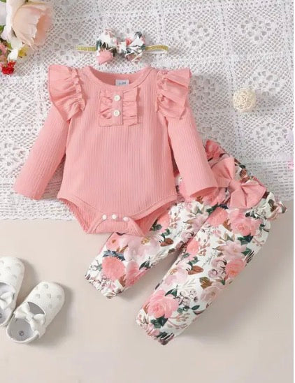 Cute Baby 3pcs Outfits - Floral/leopard Pants & Ruffle Long Sleeve