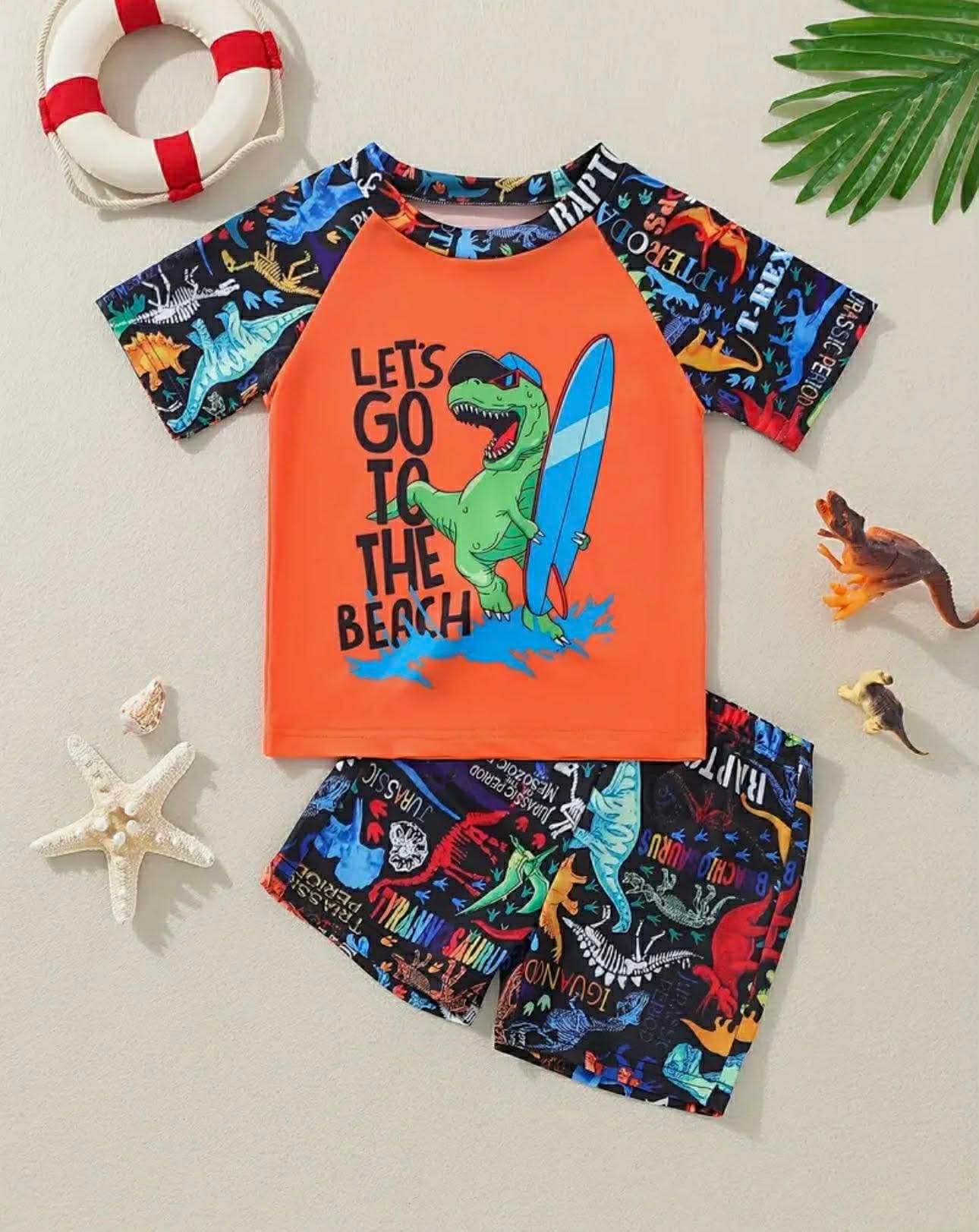 Boys 2Pc Cartoon Dinosaur Swimsuit