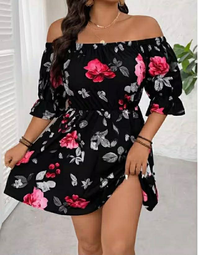 Plus Size Womens Floral Print Off-Shoulder Dress