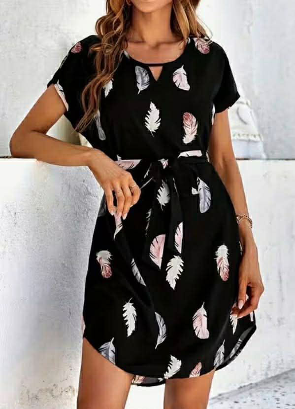 Summer Lightweight Four-Way Stretch Printed Flowy Belted Dress