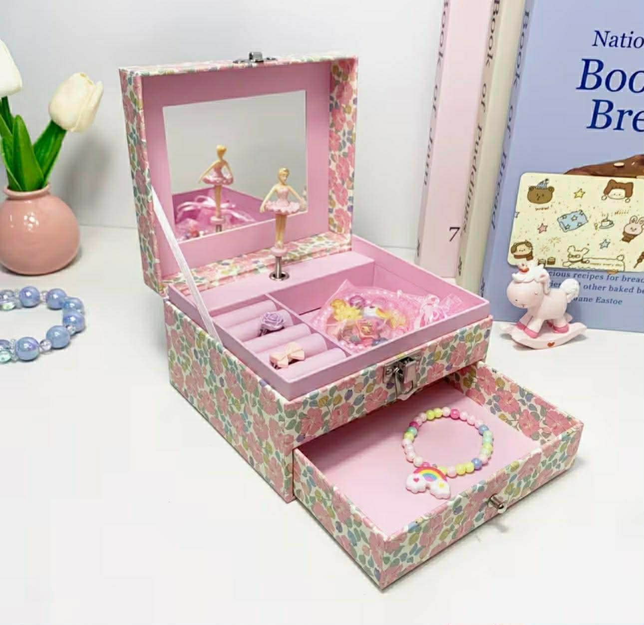 Beautiful Pink Flower Music Storage Jewelry Box