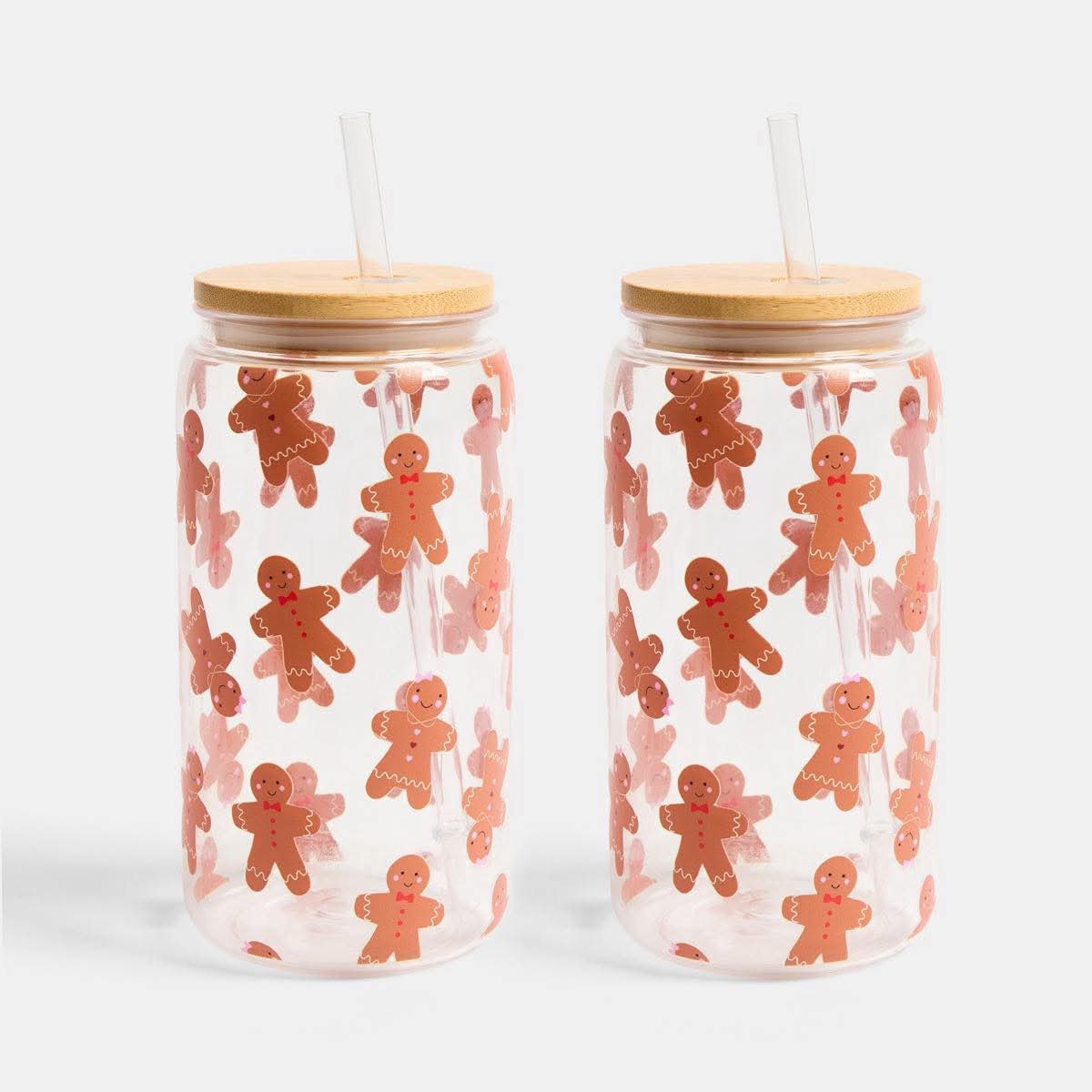 2 Pack Gingerbread Print Plastic Drinking Jars
