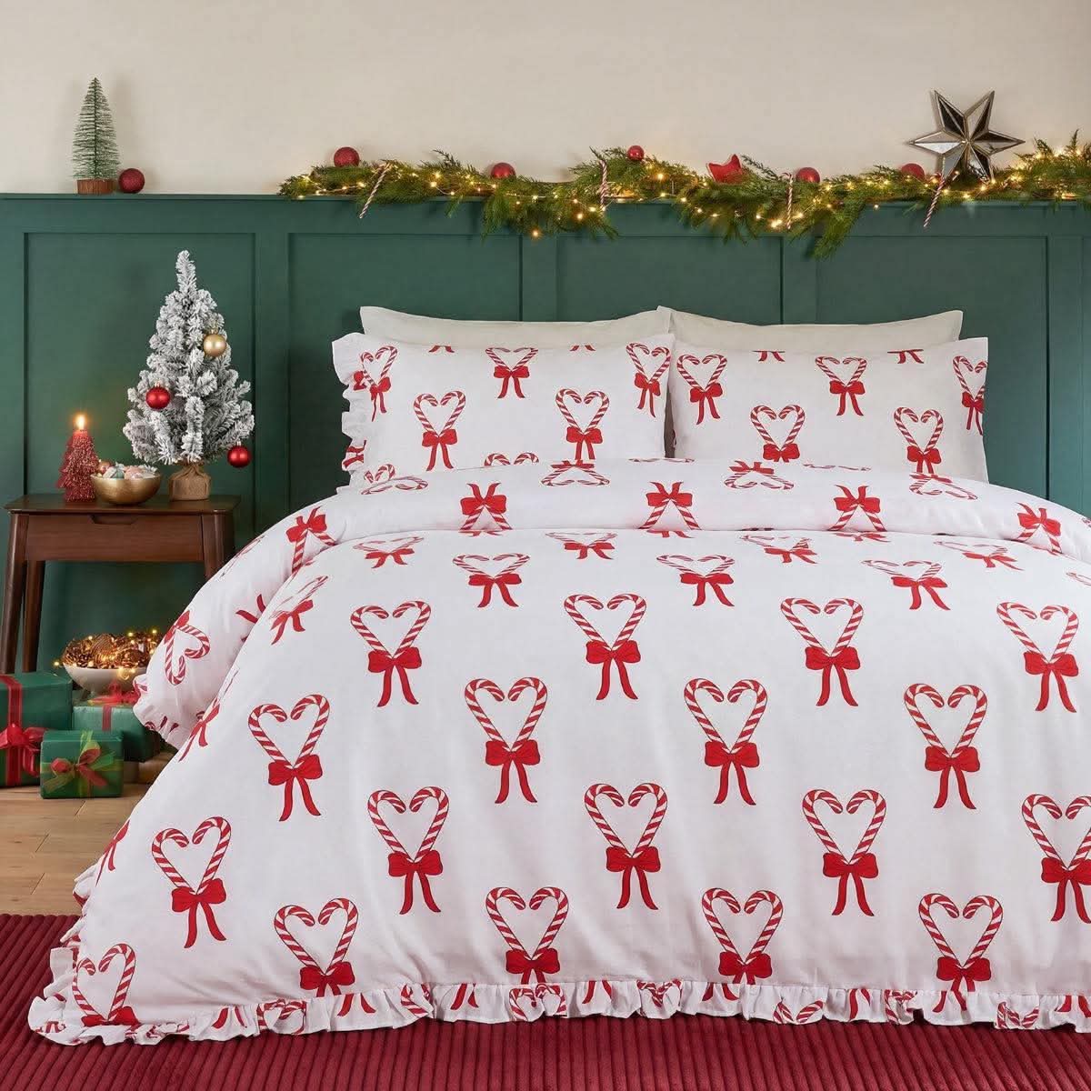 Candy Cane Heart Print Frill Edge Duvet Cover Set pre order