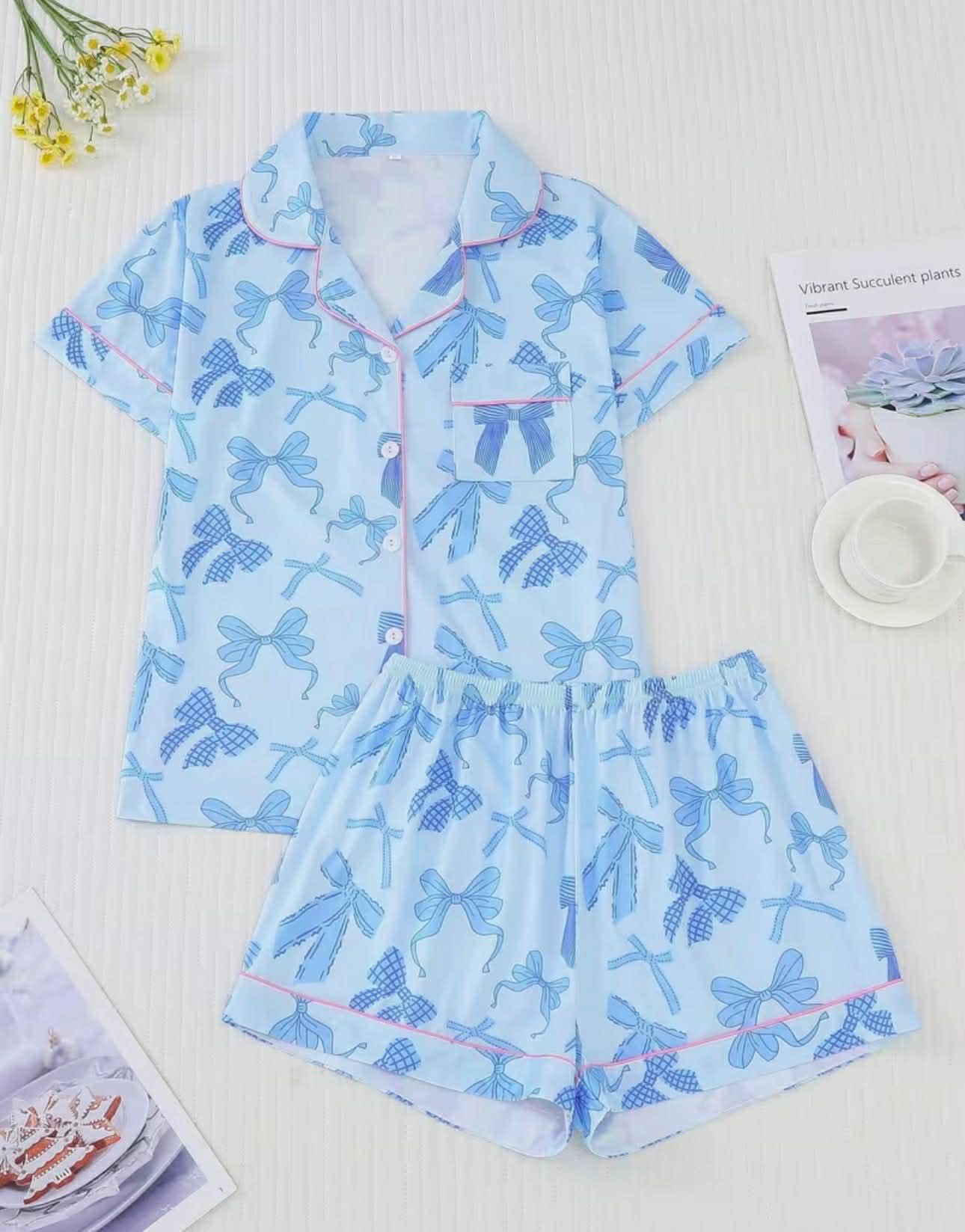Blue Bow Print Pyjamas Set