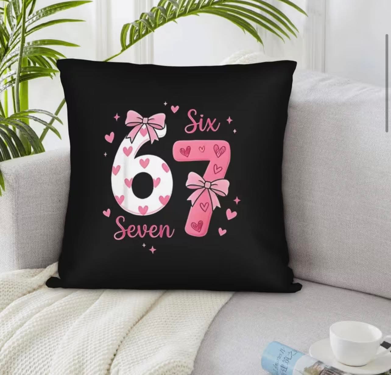 1pc Black Cushion Cover With Pink Heart Bowknot 67 Number Print