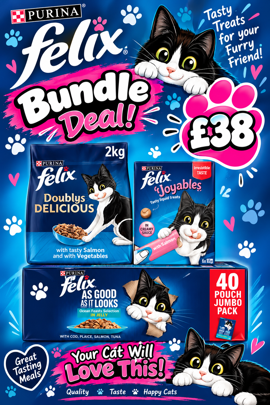Felix Wet Cat Food, Dry Cat Food & Cat Treats Fish Lovers Bundle