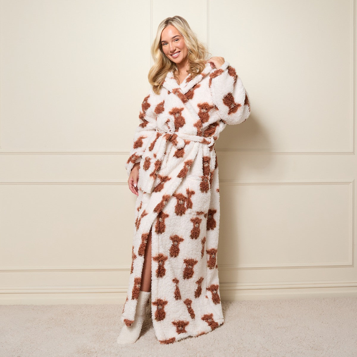 Harry the Highland Cow Print Teddy Fleece Floor Length Dressing Gown - Pre-Order Dispatch 5th December