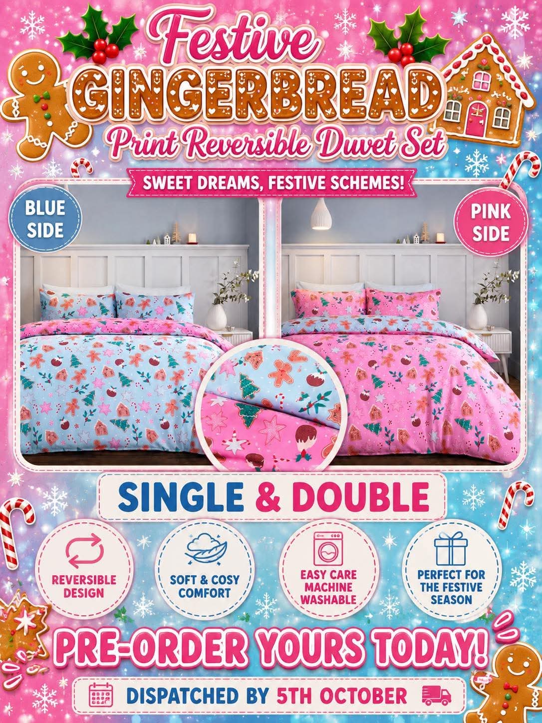 Festive Gingerbread Print Reversible Duvet Set / Pre-Order