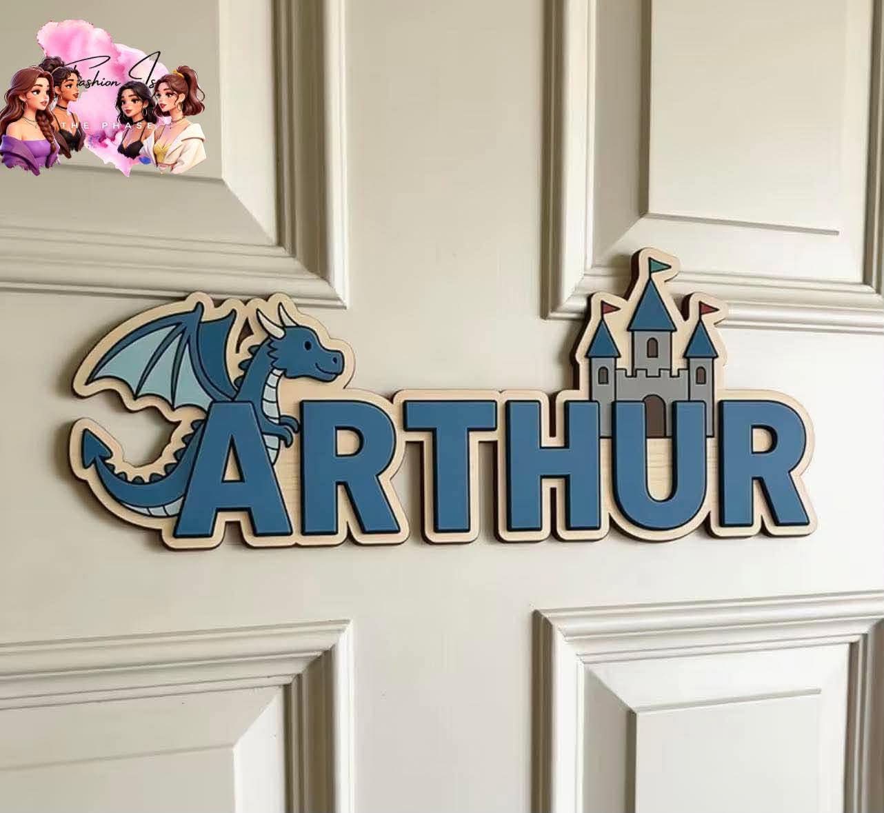 2D Custom Personalized Wooden Castle and Dragon Name Sign