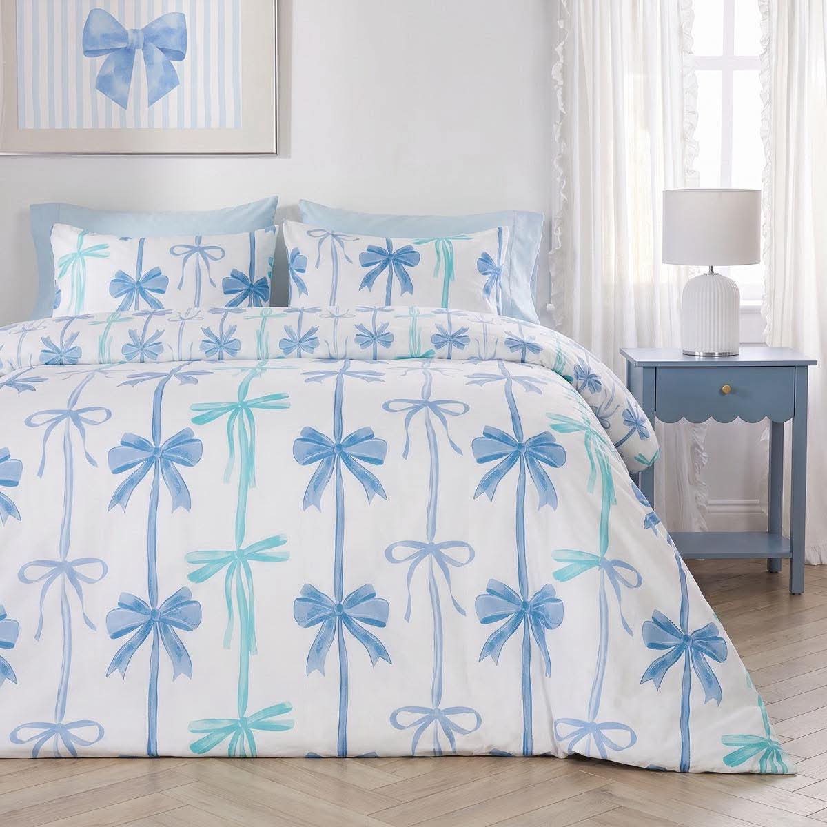 Multi Bow Stripe Print Duvet Set - Blue