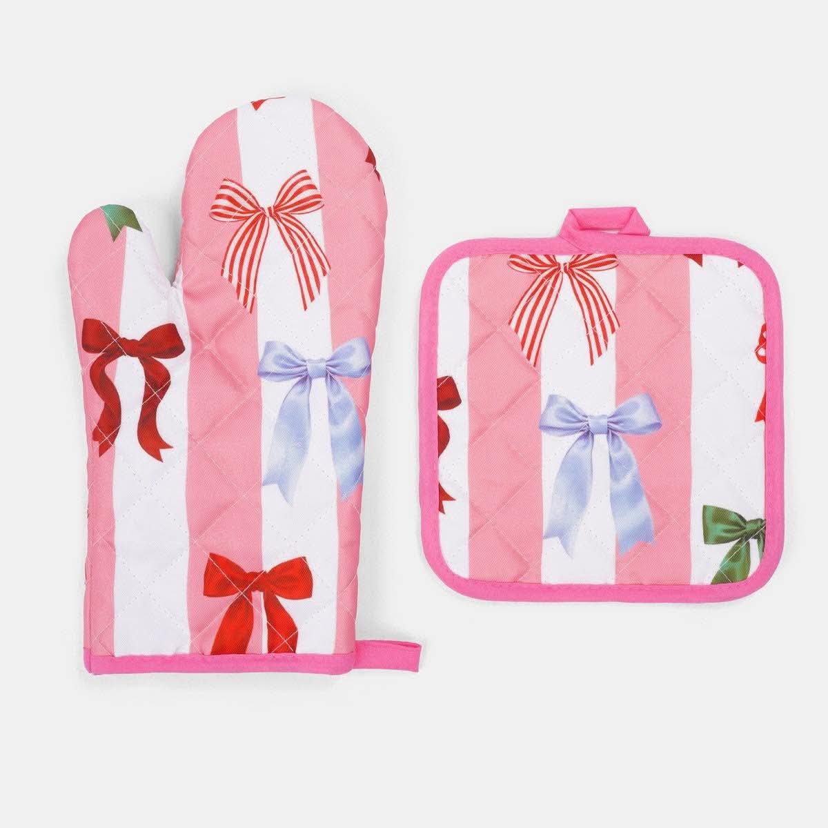 Multi Bow Stripe Oven Mit & Pot Stand Set - Pink/White