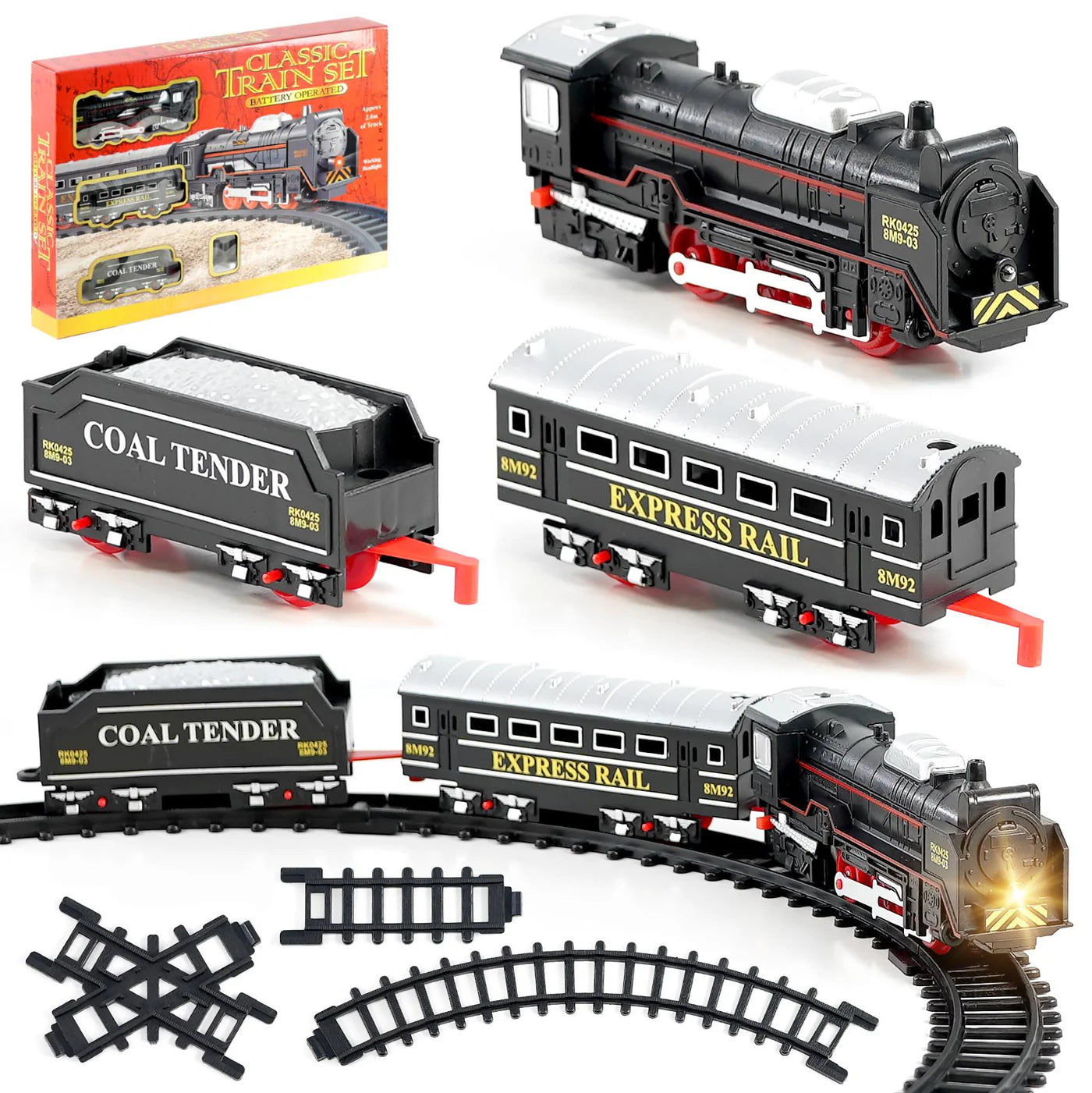 Classic Train Set with Tracks and Headlight