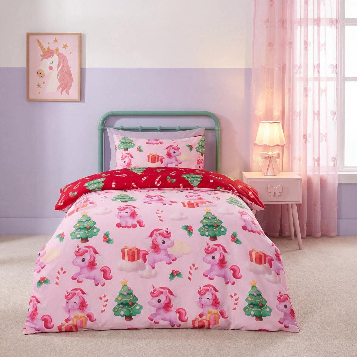 Christmas Unicorn Print Reversible Duvet Cover Set - Single - Pre-Order