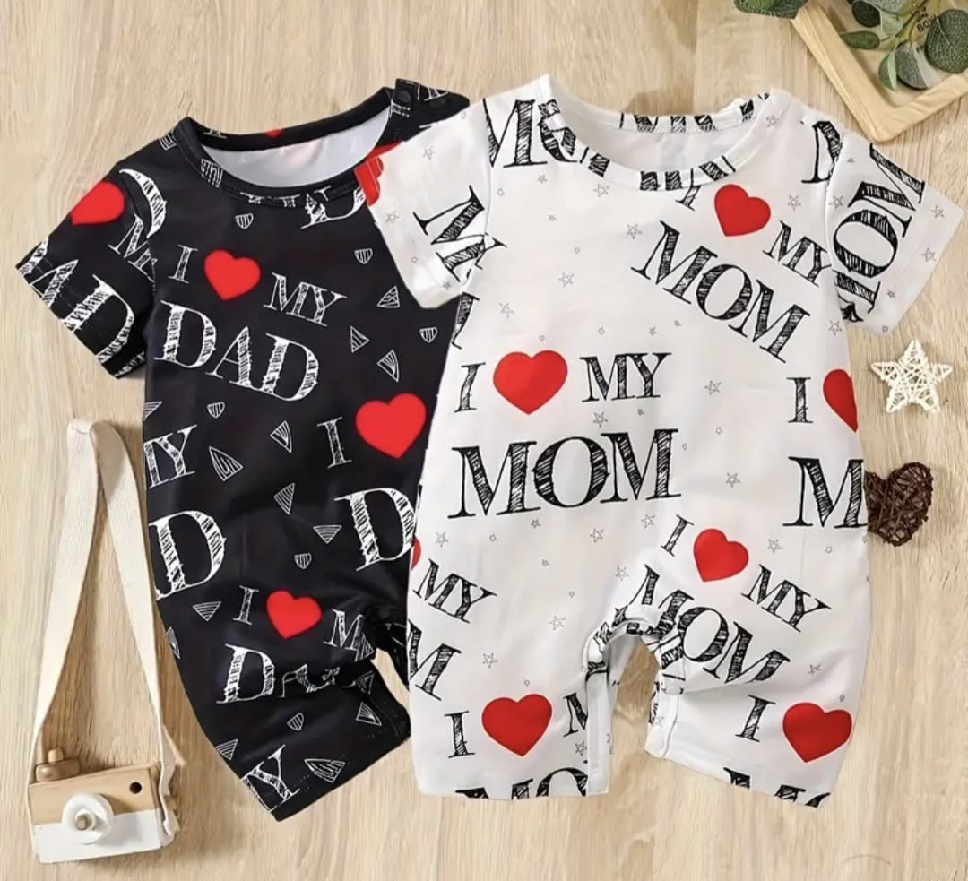2pcs, I Love My Mom/dad Pattern Short Sleeve Romper